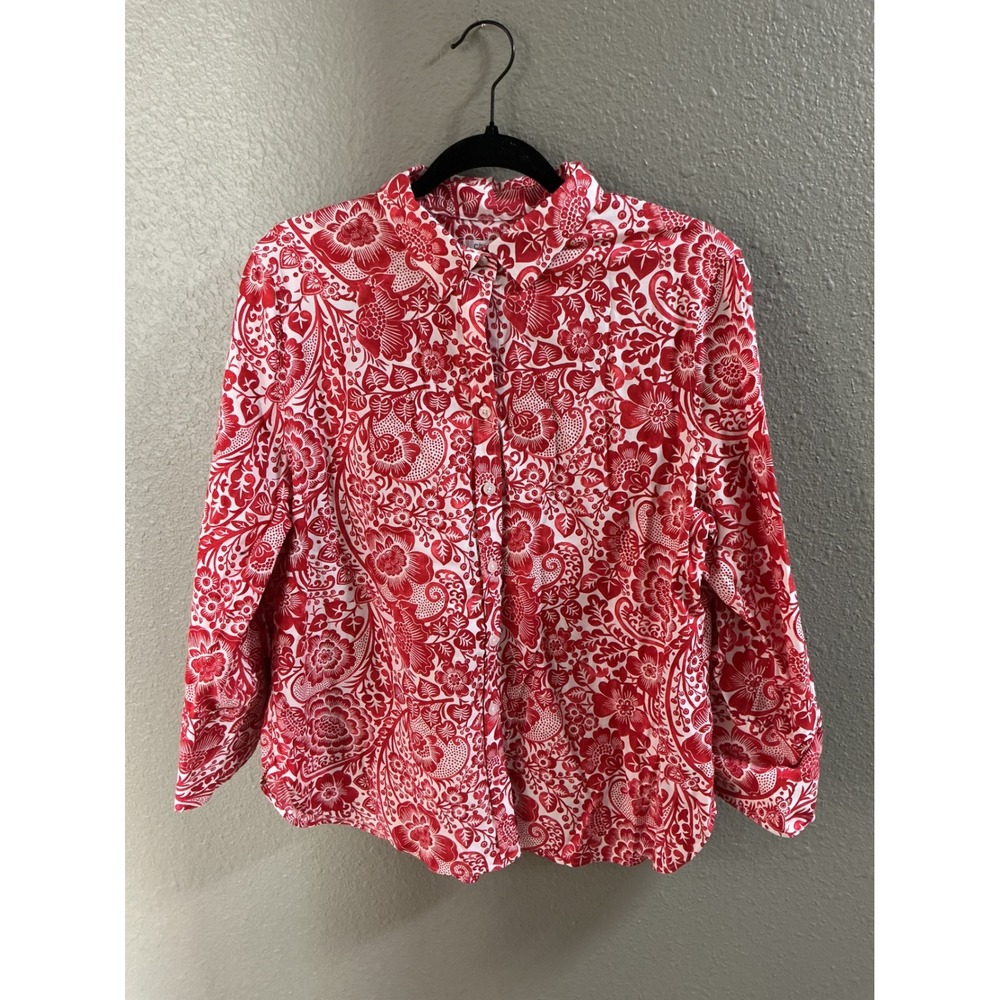 Chico's Button Down Shirt Womens 2 L Red White Excellent Floral Paisley